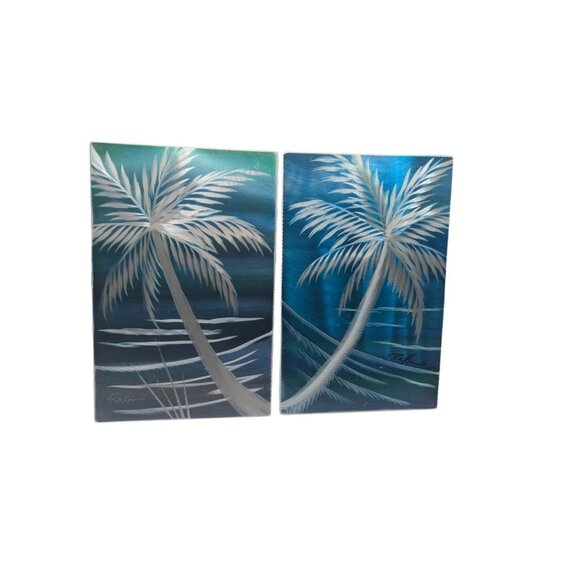 Tropical Palm Tree Metal Wall Art Set - Signed By Artist  Pete Koza- 12" x 8" - - Picture 2 of 11